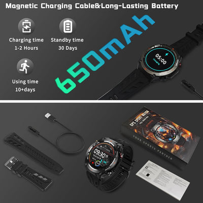 Military Smart Watch with GPS, Pressure/Altitude/Compass, Rugged Smartwatch for Men with 650mAh Extra-Large Battery, Answer/Make Call, 100+ Sports Mode, Metal Body Fitness Tracker for Android iOS