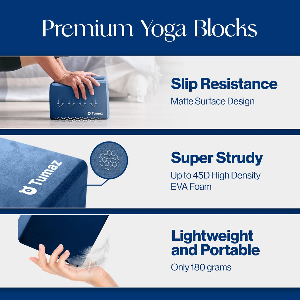 Tumaz Non-Slip Yoga Blocks 2-Pack - High Density/Lightweight EVA Foam & Natural Cork for Stability, Premium Set with E-Book Included