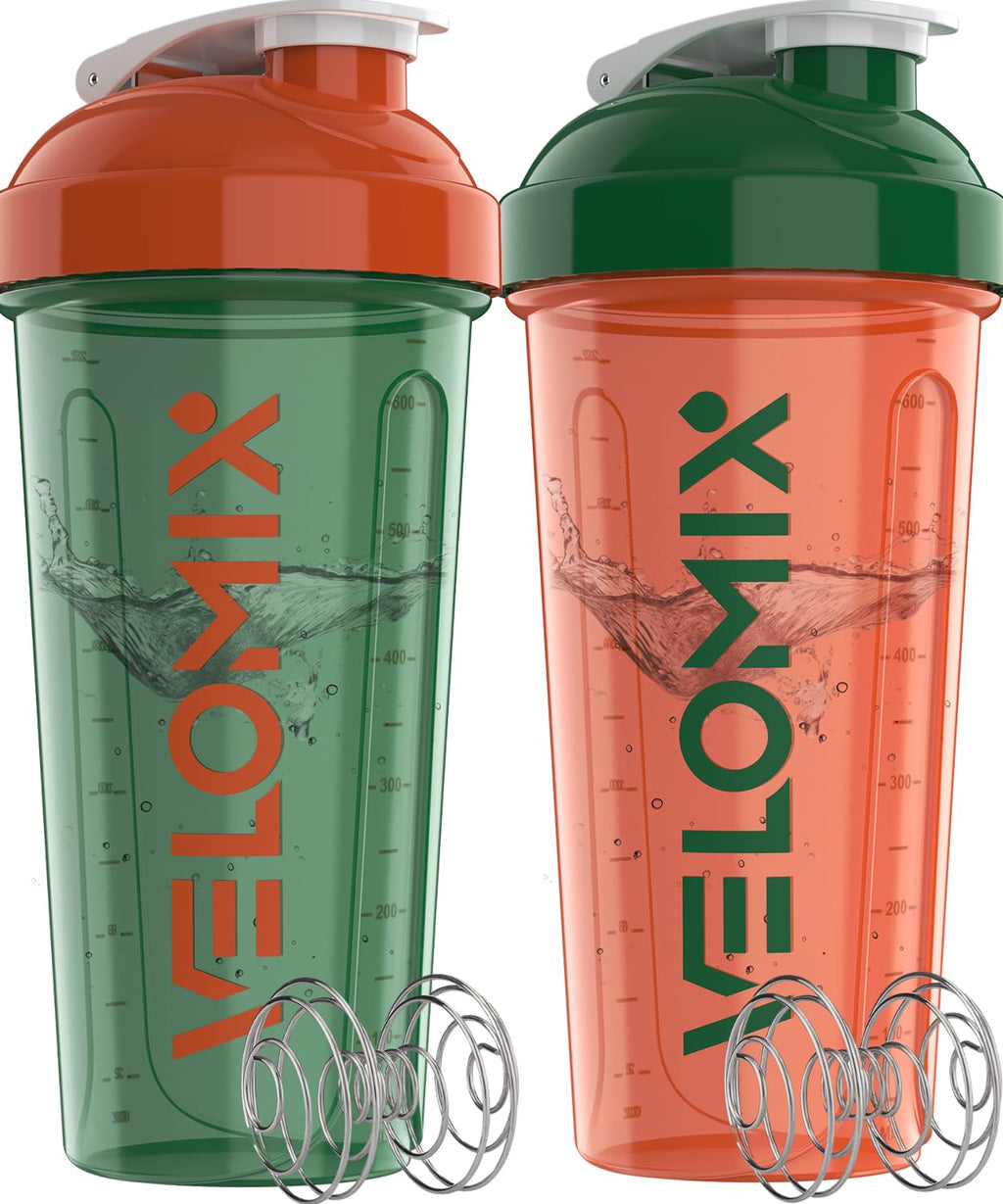 VELOMIX -2 Pack- 28 oz Protein Shaker Bottles for Protein Mixes - 2x Wire Whisk | Leak Proof Shaker Cups for Protein Shakes | Protein Shaker Bottle Pack (Black/Transparent)