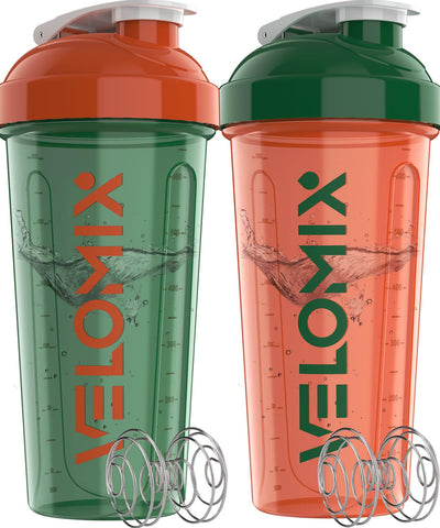 VELOMIX -2 Pack- 28 oz Protein Shaker Bottles for Protein Mixes - 2x Wire Whisk | Leak Proof Shaker Cups for Protein Shakes | Protein Shaker Bottle Pack (Black/Transparent)