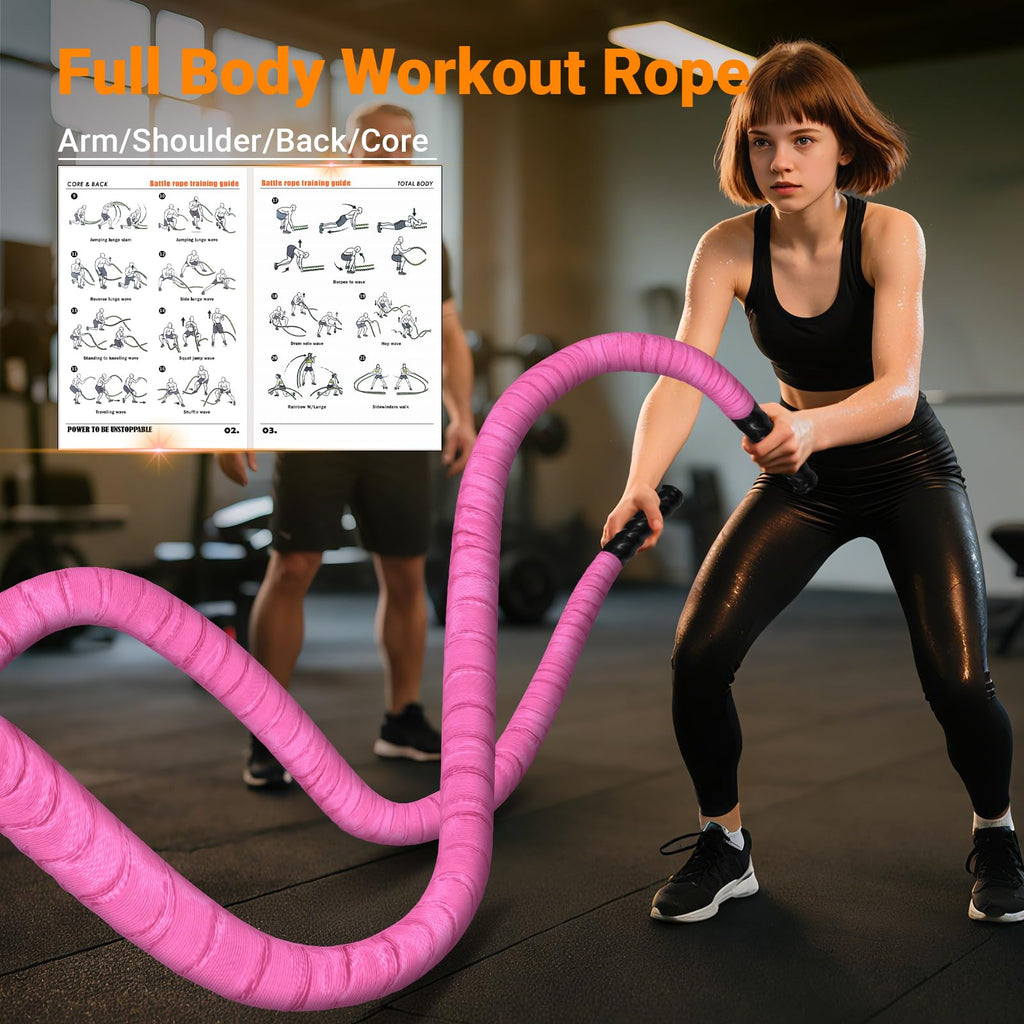 Battle Rope 1/1.26/1.5/2 Inch Diameter,Pink 30FT/40FT/50FT Exercise Workout Ropes for Home Gym Heavy Weighted Training Rope for Working Out