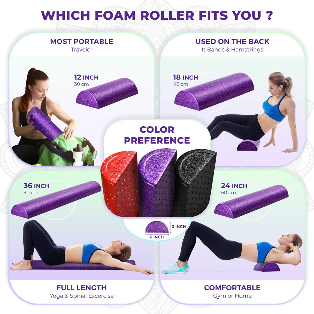 Yes4All High-Density EPP Half Round Back Roller Foam, Exercise Foam Roller for Yoga, Pilates & Stretching - 12, 18, 24, 36 inch