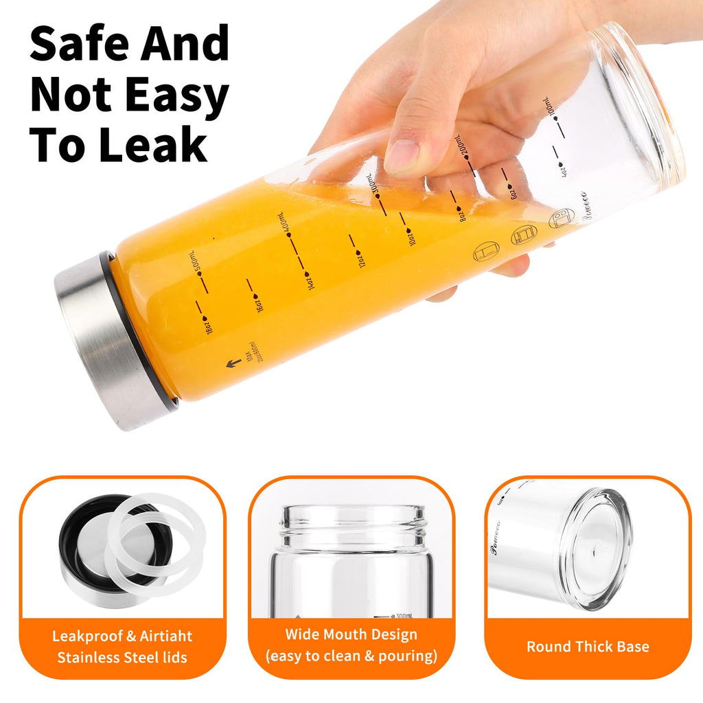 Glass Juice Bottles 4 Pack 20 oz - Wide Mouth Glass Water Bottles with Lids - for Juicing, Protein, Smoothie, Milk, Reusable, BPA Free, Stainless Steel Lids, Blender, Shaker Bottle (20oz/600ml)