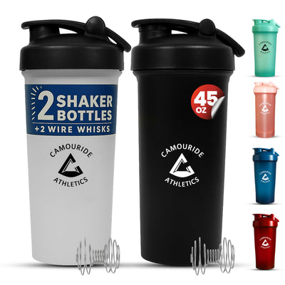 2 Pack 45 oz Protein Shaker Bottles with Wire Whisk – BPA-Free, Leak-Proof Shaker Cups for Protein Shakes & Smoothies – Large Plastic Mixer Bottle – Classic White & Cobalt Blue.