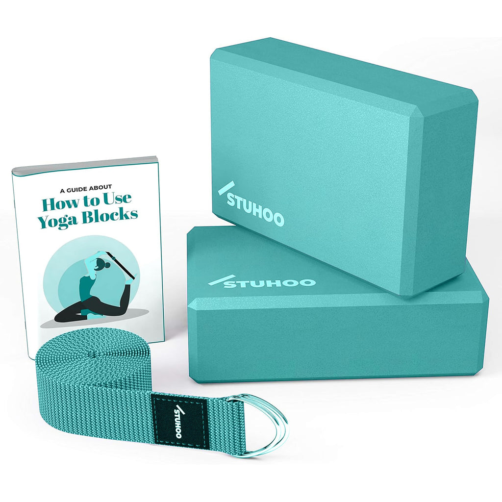 STUHOO Yoga Blocks 2 pack and Yoga Strap Includes Descriptive E-book for Beginners Sturdy Yoga Brick & Lightweight Eva Foam Block Support Deepen Poses, Provides Strength & Stability for Pilates Practice