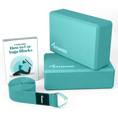 STUHOO Yoga Blocks 2 pack and Yoga Strap Includes Descriptive E-book for Beginners Sturdy Yoga Brick & Lightweight Eva Foam Block Support Deepen Poses, Provides Strength & Stability for Pilates Practice