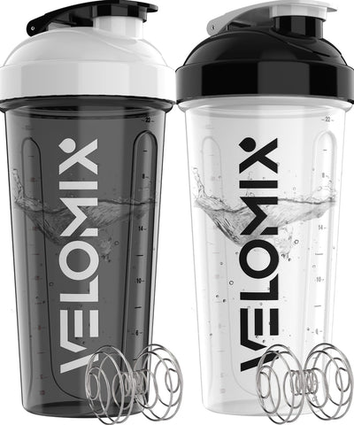 VELOMIX -2 Pack- 28 oz Protein Shaker Bottles for Protein Mixes - 2x Wire Whisk | Leak Proof Shaker Cups for Protein Shakes | Protein Shaker Bottle Pack (Black/Transparent)