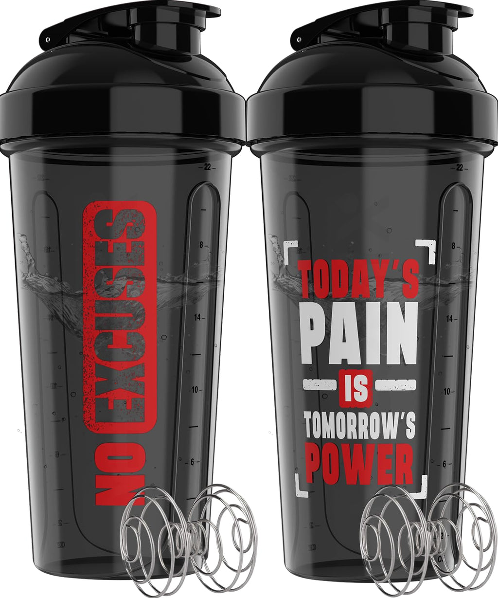 VELOMIX -2 Pack- 28 oz Protein Shaker Bottles for Protein Mixes - 2x Wire Whisk | Leak Proof Shaker Cups for Protein Shakes | Protein Shaker Bottle Pack (Black/Transparent)