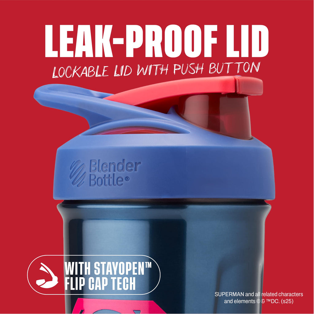 BlenderBottle Superman Strada Shaker Cup Insulated Stainless Steel Water Bottle with Wire Whisk, 24-Ounce, Man of Steel - Blue