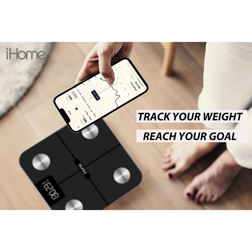 iHome Digital Bluetooth Smart Scale for Body Weight, Weight Scale, Including BMI, Body Fat, Muscle Mass, Batteries Included (Black Smart Bluetooth)