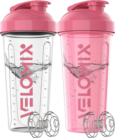 VELOMIX -2 Pack- 28 oz Protein Shaker Bottles for Protein Mixes - 2x Wire Whisk | Leak Proof Shaker Cups for Protein Shakes | Protein Shaker Bottle Pack (Black/Transparent)
