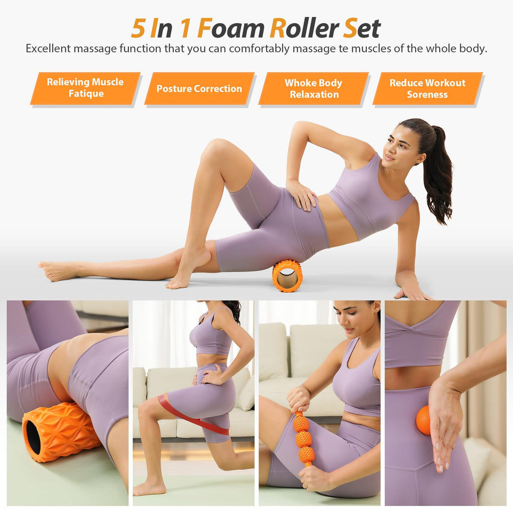 5 in1 Foam Roller Set, Trigger Point Foam Roller, Massage Roller Stick, Massage Ball, Resistance Band for Deep Muscle Massage Pilates Yoga,Fitness Exercise for Whole Body (Black-Red)