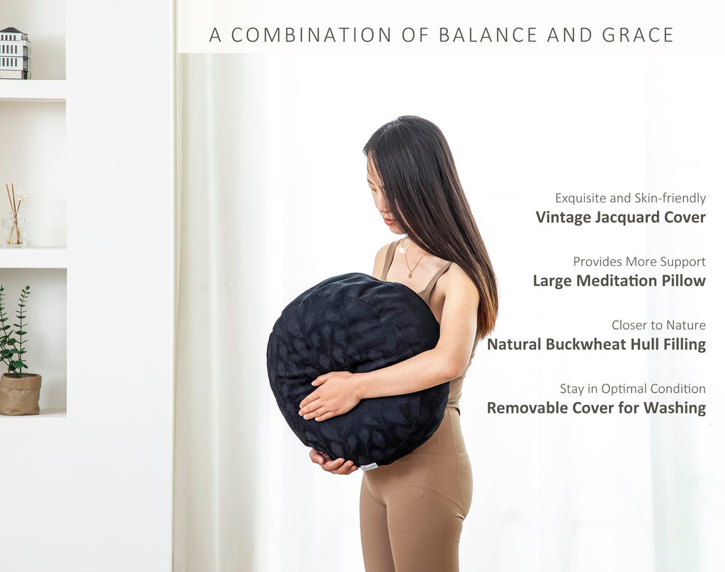 Meditation Cushion, Comfortable Meditation Pillow with Peacock Feather Jacquard Cover. Buckwheat Hull Filled Zafu Floor Pillow 16 * 16 * 5 in