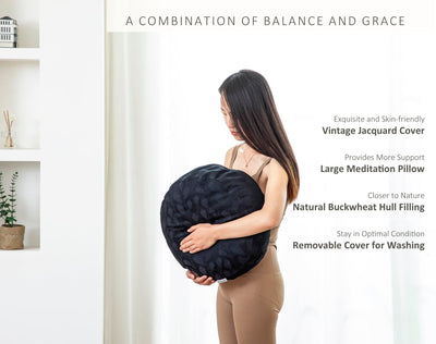 Meditation Cushion, Comfortable Meditation Pillow with Peacock Feather Jacquard Cover. Buckwheat Hull Filled Zafu Floor Pillow 16 * 16 * 5 in