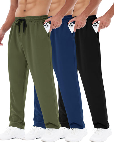 3 Pack Mens Sweatpants with Pockets - Mesh Open Bottom Athletic Joggers for Men Loose Fit Gym Workout Running Casual Pants