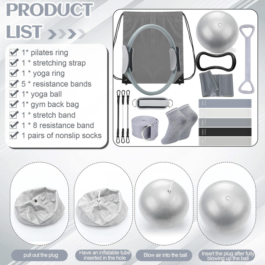 Pilates Ring Circle Set 18 Pcs Exercise Equipment Accessories for Women Workouts Pilates Ball Stretching Strap Magic Circle Yoga Ring Gym Back Bag Resistance Band Anti Slip Socks