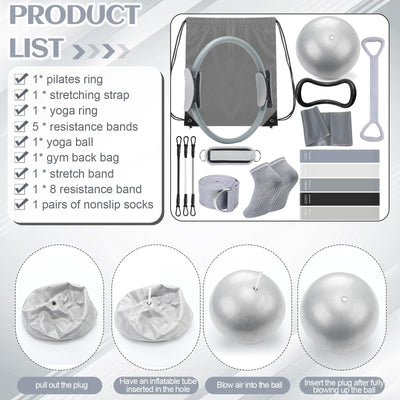 Pilates Ring Circle Set 18 Pcs Exercise Equipment Accessories for Women Workouts Pilates Ball Stretching Strap Magic Circle Yoga Ring Gym Back Bag Resistance Band Anti Slip Socks