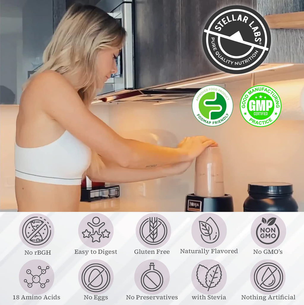 Stellar Labs Whey Protein Powder with BCAA's & Whey Isolate | Certified Low FODMAP, Non GMO, Gluten Free, Soy Free, Low Carb, Keto, with Stevia | All Natural Lean Post Workout Shakes | Salted Caramel