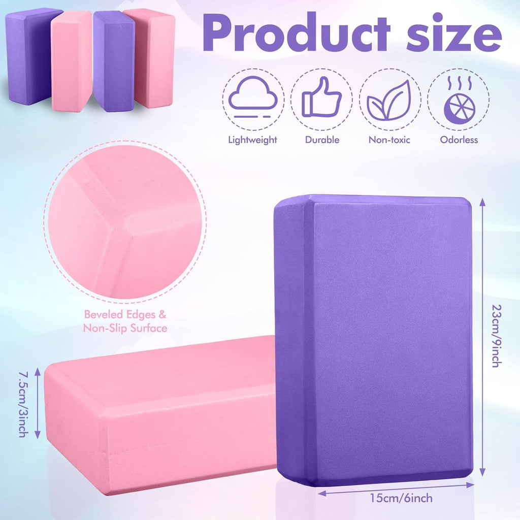 Jexine 6 Pcs Yoga Block and Strap Set 4 Pcs 9 x 6 x 3 Inches EVA Foam Pilates Block 2 Pcs Cotton Yoga Strap for Beginners Experienced Pilates Fitness Stretching