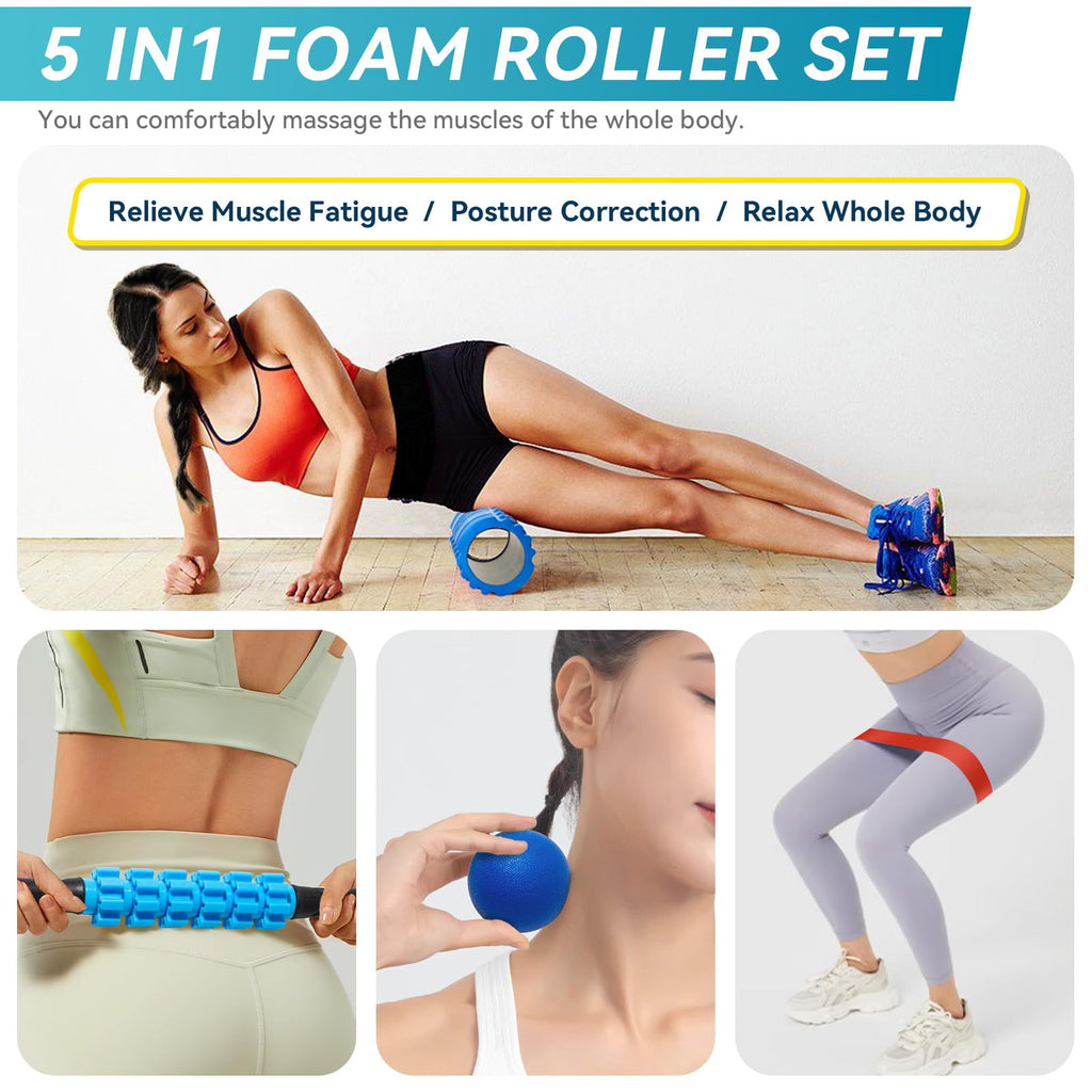 5 in1 Foam Roller Set for Deep Tissue Muscle Massage, High Density Fitness Exercise Foam Roller, Massage Roller, Massage Ball, Resistance Band, for Whole Body (Black)