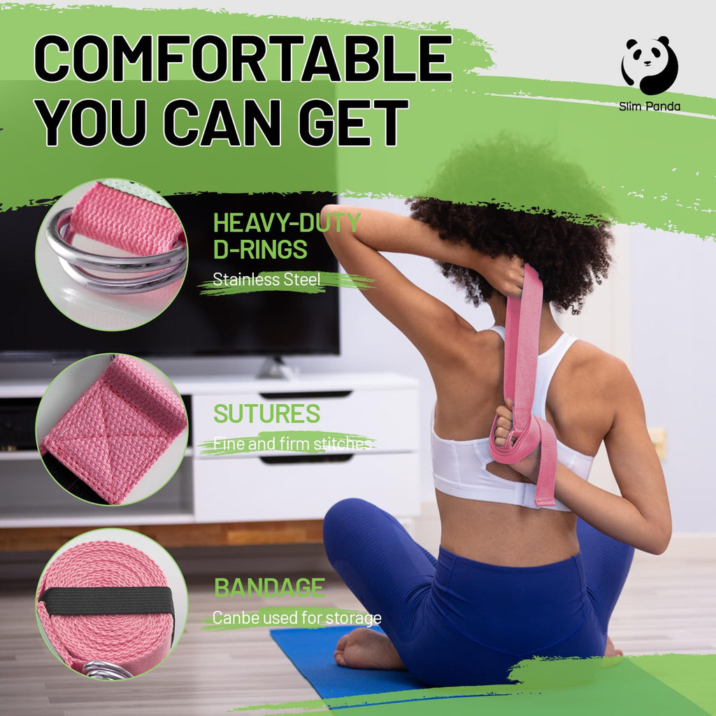 Slim Panda Yoga Strap for Stretching,Cotton Yoga Strap with Adjustable D-Ring Buckle,Non-Elastic Yoga Belt for Pilates,Gym Workouts,Physical Therapy,Improve Flexibility
