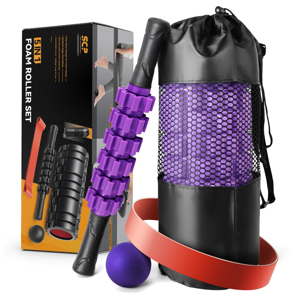 5 in1 Foam Roller Set, Trigger Point Foam Roller, Massage Roller Stick, Massage Ball, Resistance Band for Deep Muscle Massage Pilates Yoga,Fitness Exercise for Whole Body (Black-Red)