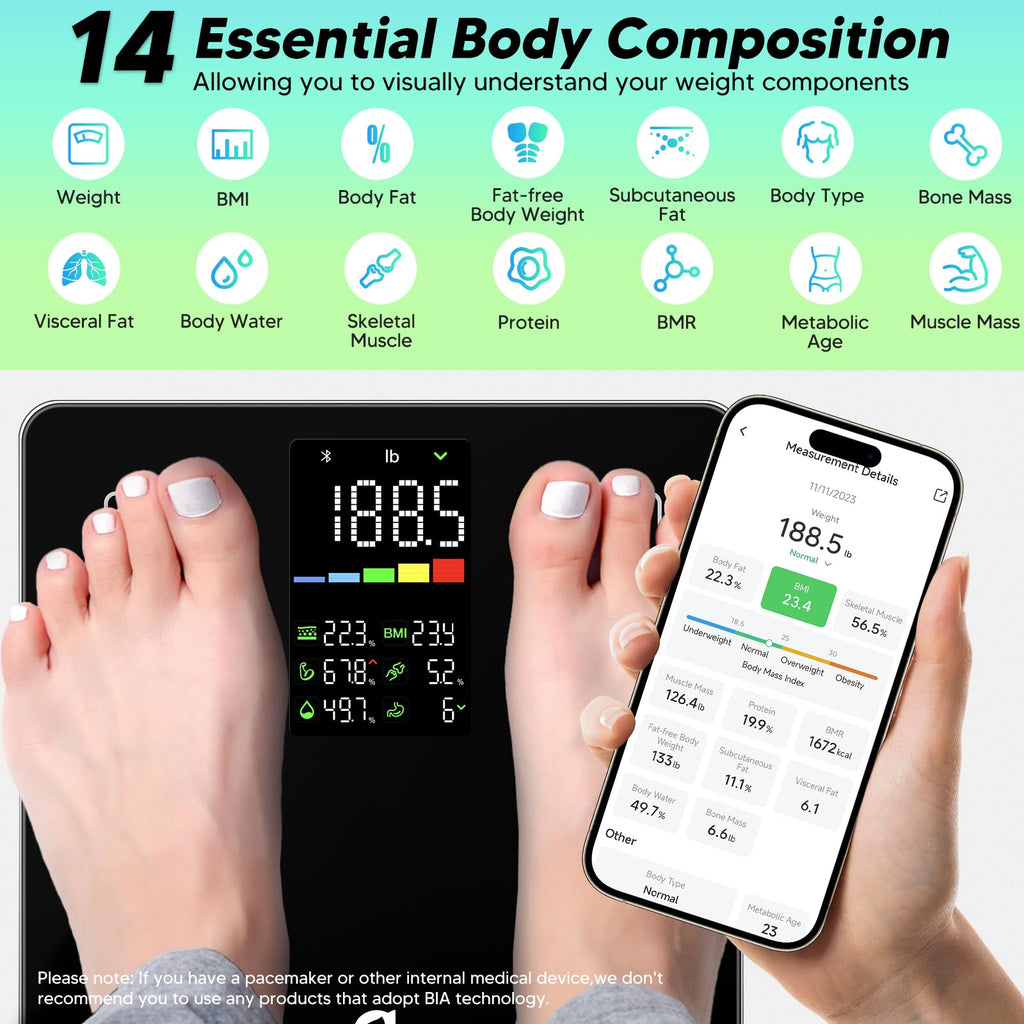 Arboleaf Smart Scale with BMI, Body Fat, Muscle Mass, 14 Composition Metrics, Large LED Display, Digital Bathroom Scale for Weight, Accurate Weighing Machine, App Sync, 500lbs, 11.8"