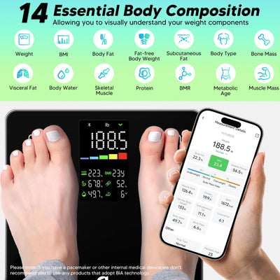 Arboleaf Smart Scale with BMI, Body Fat, Muscle Mass, 14 Composition Metrics, Large LED Display, Digital Bathroom Scale for Weight, Accurate Weighing Machine, App Sync, 500lbs, 11.8"