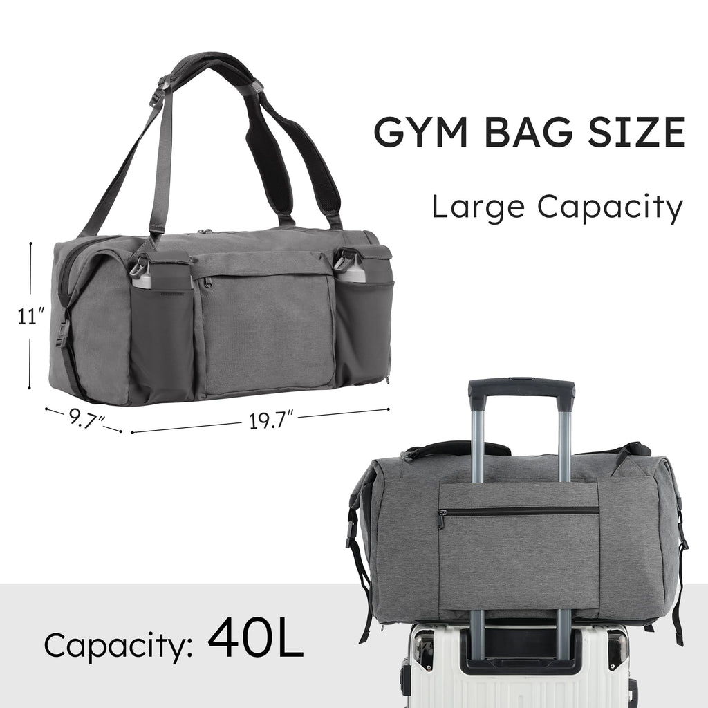 Gym Bag for Men with 2 Upgraded Bottle Holders Convertible Duffle Bag and Gym Backpack Waterproof Sports Bags with Shoes Compartment and Wet Pocket - Black