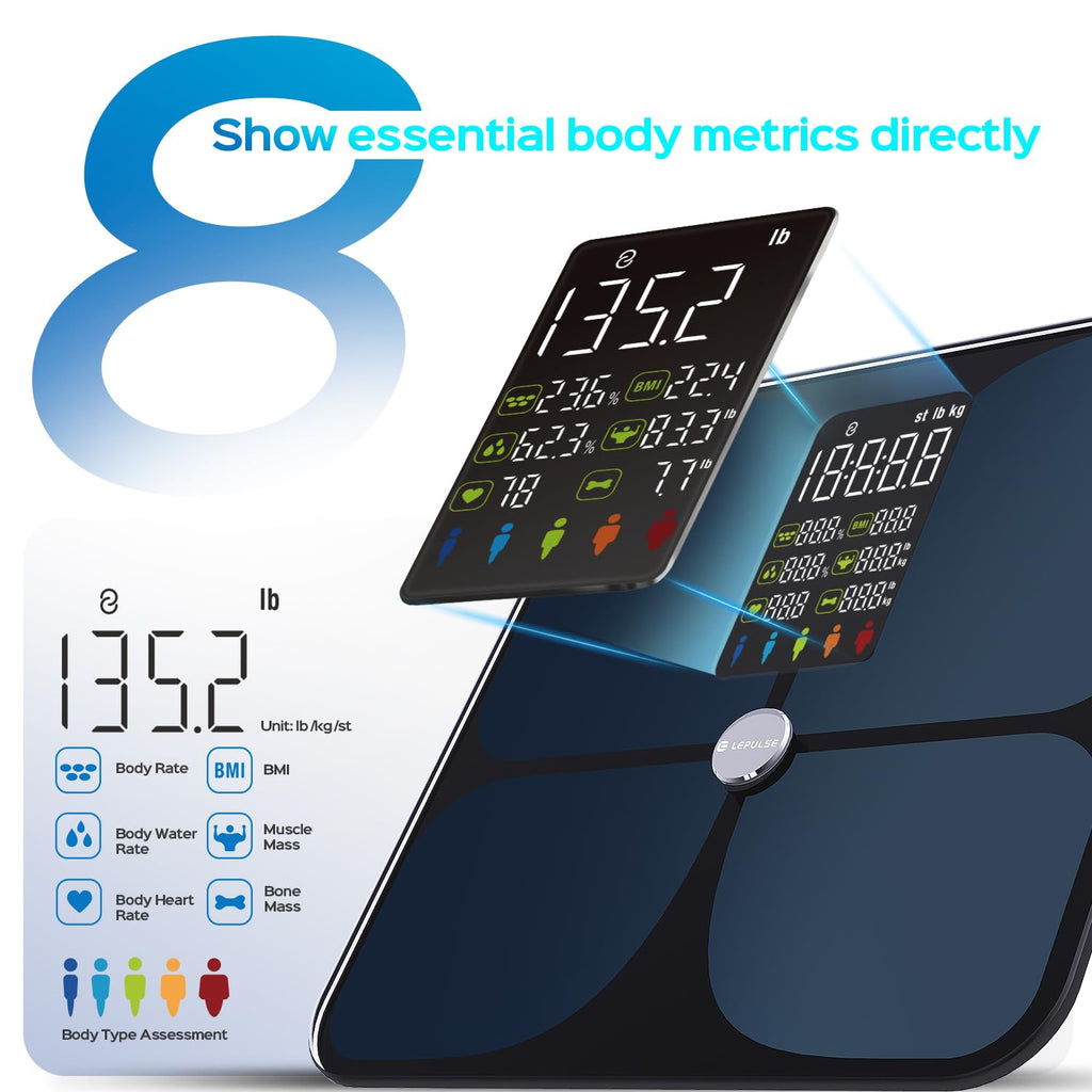 Lepulse Scale for Body Weight, Smart Digital Bathroom Weight Scale with BMI Muscle Mass 20 Body Composition Metrics,4.68"Large Display Body Fat Scales, Heart Rate, Accurate Bluetooth Weighing with App