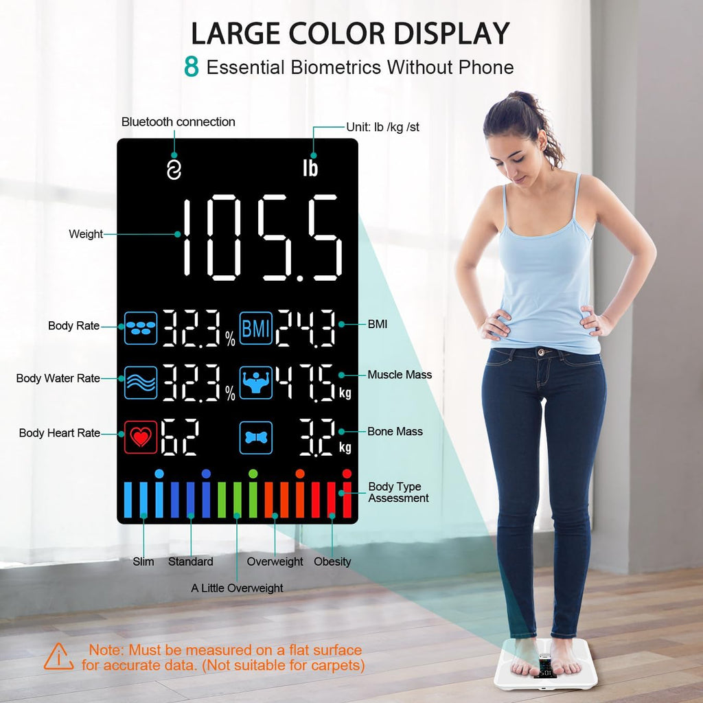 ABLEGRID Body Fat Scale,Digital Smart Bathroom Scale for Body Weight, Large Color Display Screen, 16 Body Composition Metrics BMI, Water Weigh, Heart Rate, Baby Mode, 400lb, Rechargeable