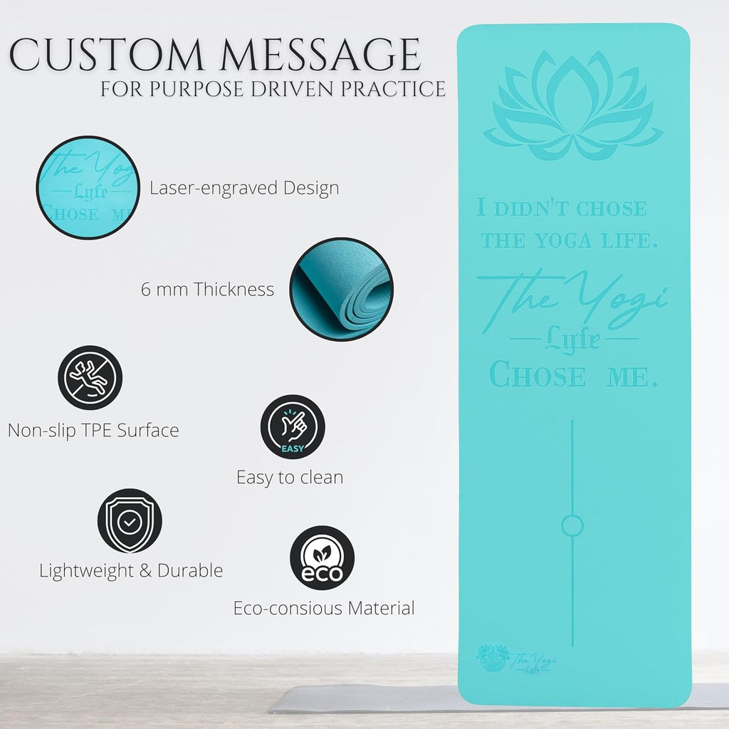 Yoga Mat – Laser-Engraved Affirmation, Non-Slip Eco TPE, 72" x 24" x 6mm, Lightweight Blue Mat for Mindful Movement and Recovery