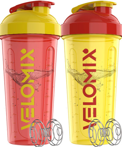 VELOMIX -2 Pack- 28 oz Protein Shaker Bottles for Protein Mixes - 2x Wire Whisk | Leak Proof Shaker Cups for Protein Shakes | Protein Shaker Bottle Pack (Black/Transparent)