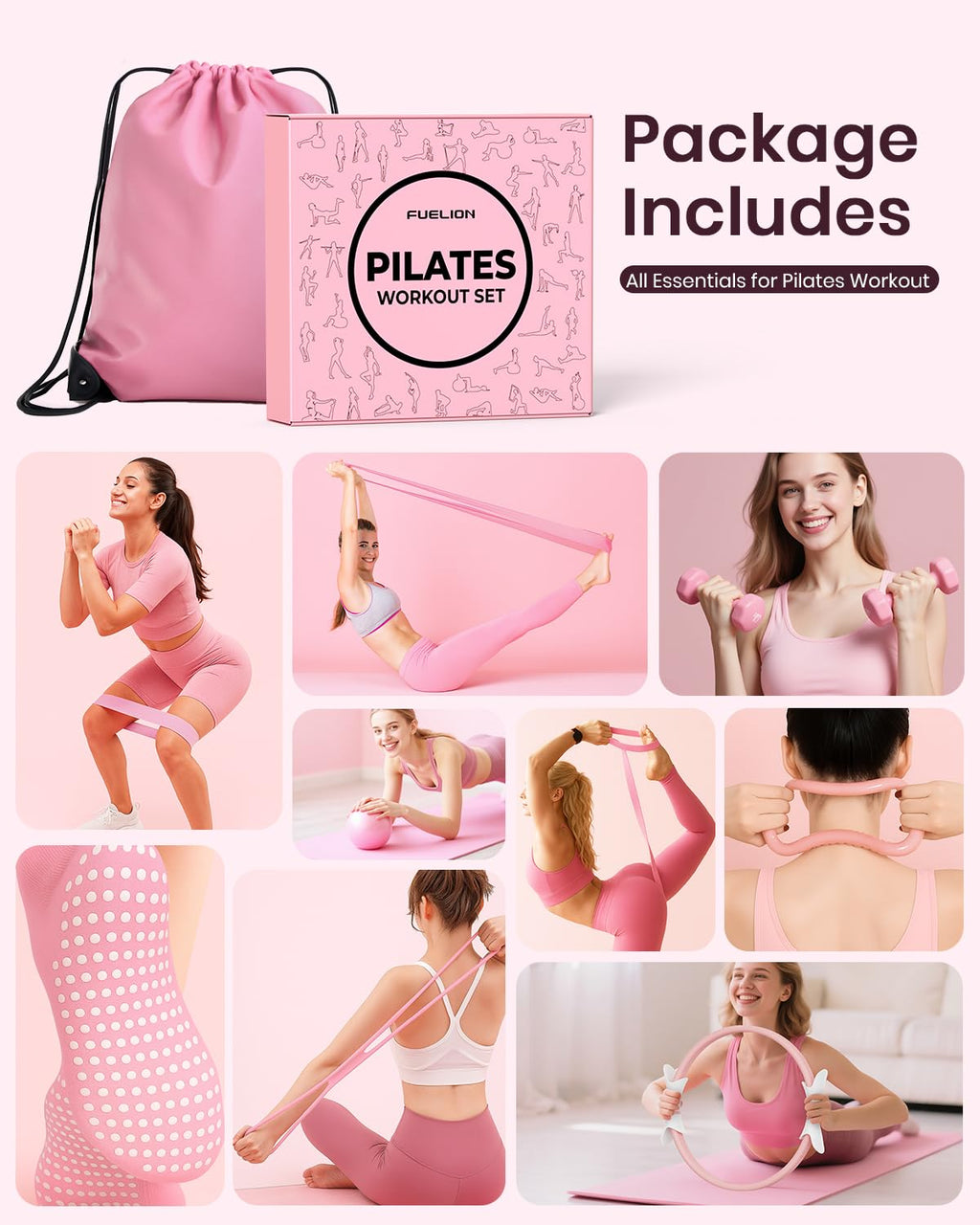 Pilates Ring Set for Women, Home Workout Pilates Equipment with Resistance Bands, 14'' Magic Circle, Mini Ball, Pilates Starter Kit for Strength, Toning and Flexibility, Workout Guide Included