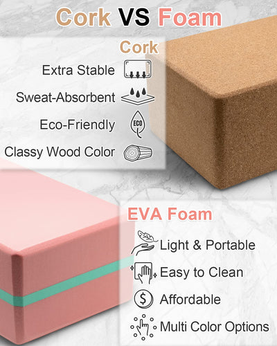 Tumaz Non-Slip Yoga Blocks 2-Pack - High Density/Lightweight EVA Foam & Natural Cork for Stability, Premium Set with E-Book Included