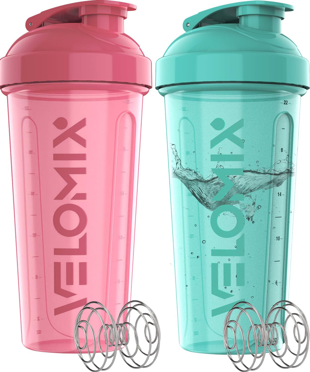 VELOMIX -2 Pack- 28 oz Protein Shaker Bottles for Protein Mixes - 2x Wire Whisk | Leak Proof Shaker Cups for Protein Shakes | Protein Shaker Bottle Pack (Black/Transparent)