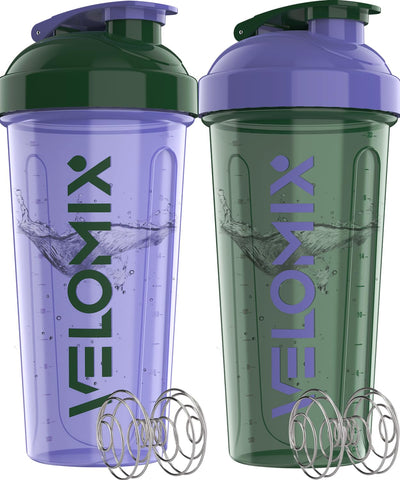 VELOMIX -2 Pack- 28 oz Protein Shaker Bottles for Protein Mixes - 2x Wire Whisk | Leak Proof Shaker Cups for Protein Shakes | Protein Shaker Bottle Pack (Black/Transparent)
