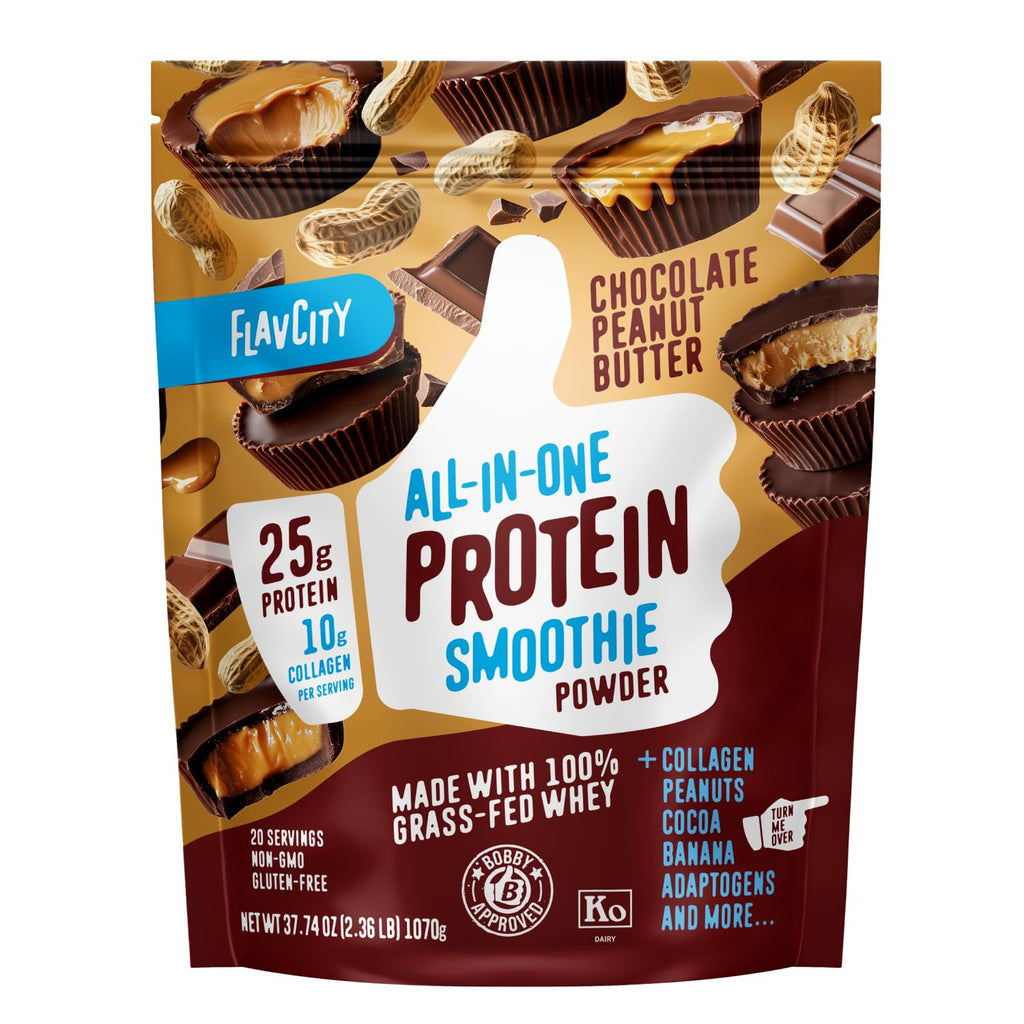 FlavCity Grass Fed Whey Chocolate Protein Powder - Chocolate Peanut Butter - 25g Protein & 10g Collagen - Made with Organic Cocoa & Coconut Milk - Gluten Free & No Added Sugars (20 Servings)