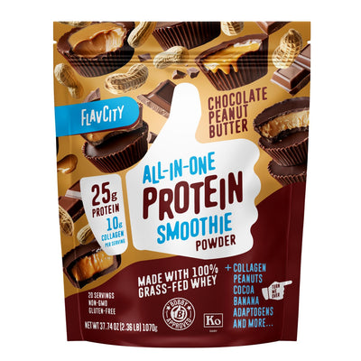 FlavCity Grass Fed Whey Chocolate Protein Powder - Chocolate Peanut Butter - 25g Protein & 10g Collagen - Made with Organic Cocoa & Coconut Milk - Gluten Free & No Added Sugars (20 Servings)