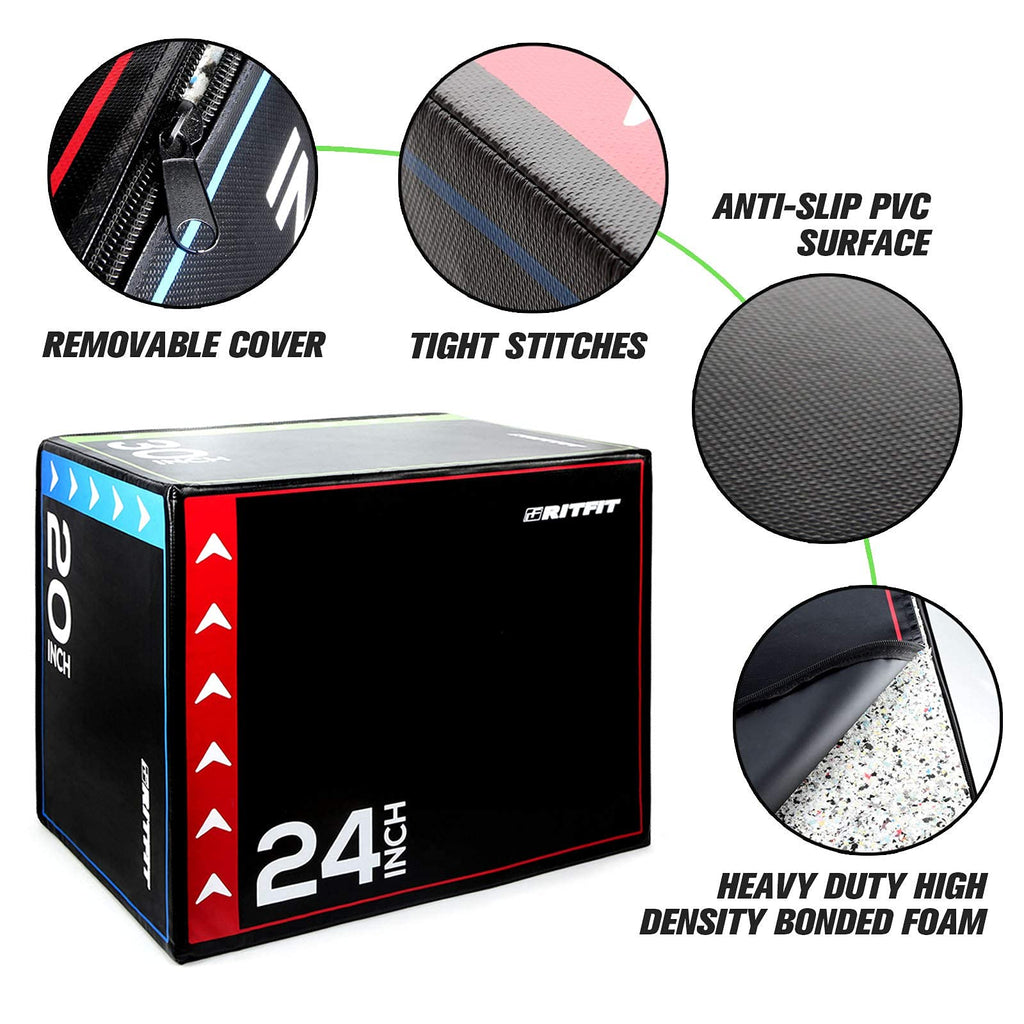 RitFit 3 in 1 Extra Firm Soft Plyo Box Foam Plyometric Box-30”x24”x20”-20"x18"x16" Heavy Duty High Density Foam Jumping Box 3 Sizes with PVC Cover,Platform for Home Gym Fitness, 440lb Weight Capacity