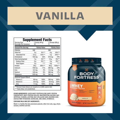 Body Fortress Super Advanced Whey Protein Powder, Strawberry, Immune Support (1), Vitamins C & D Plus Zinc, 1.78 lbs