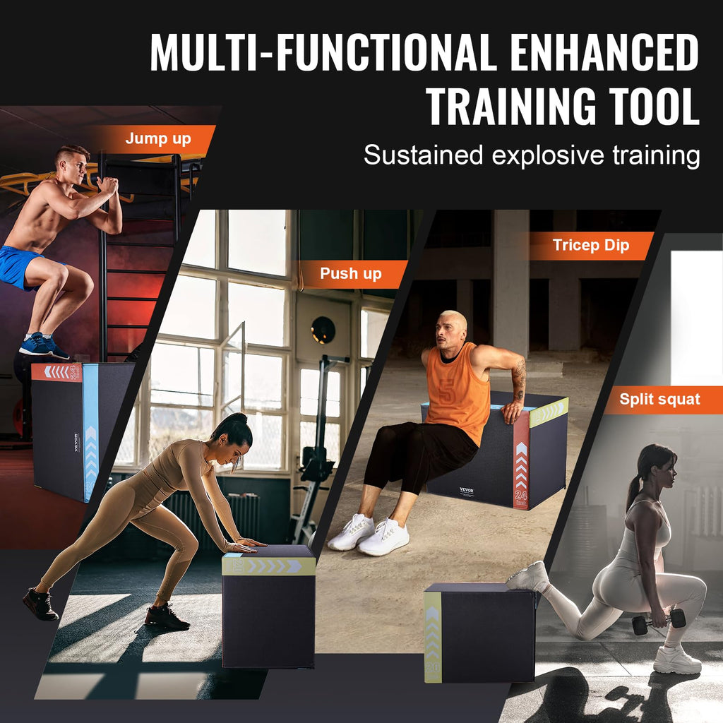 VEVOR 3 in 1 Plyometric Jump Box, Cotton Plyo Box, Platform & Jumping Agility Box, Anti-Slip Fitness Exercise Step Up Box for Home Gym Training, Conditioning Strength Training, Multiple Sizes, Black