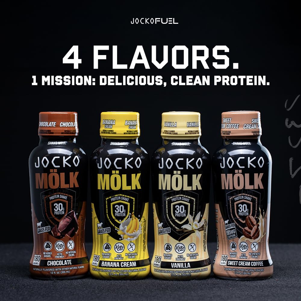 Jocko Mölk 30g Grass Fed Protein Shakes – No Added Sugar Protein Drinks KETO Friendly - Ready to Drink 12 FL Oz (Pack of 12) Banana Cream
