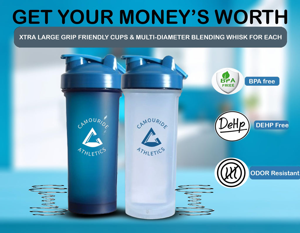 2 Pack 45 oz Protein Shaker Bottles with Wire Whisk – BPA-Free, Leak-Proof Shaker Cups for Protein Shakes & Smoothies – Large Plastic Mixer Bottle – Classic White & Cobalt Blue.