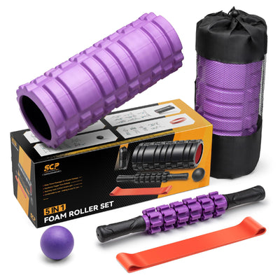 5 in1 Foam Roller Set, Trigger Point Foam Roller, Massage Roller Stick, Massage Ball, Resistance Band for Deep Muscle Massage Pilates Yoga,Fitness Exercise for Whole Body (Black-Red)