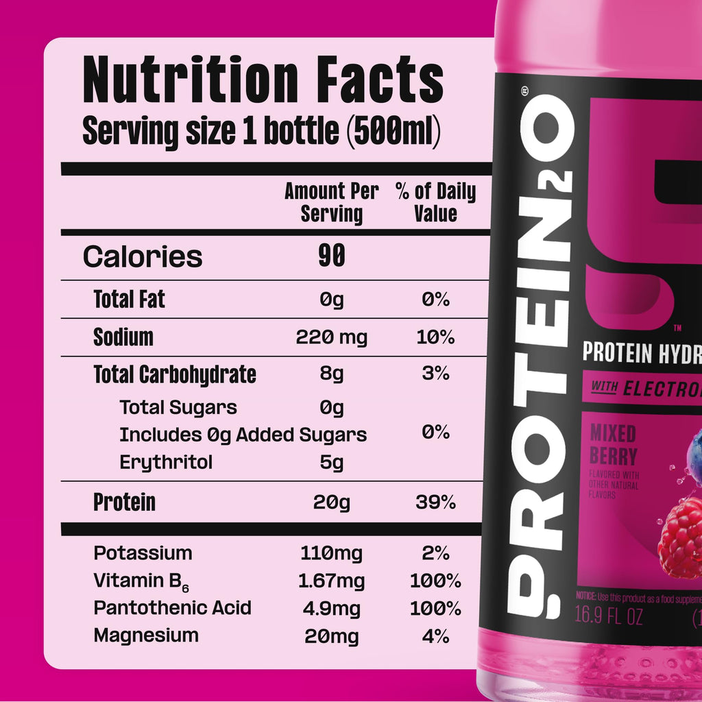 Protein2o Hydration Drink - 2-in-1 Liquid Clear Whey Protein Isolate and Electrolyte Drink - 20g Protein, Vitamins B5, B6 - Post-Workout Recovery - 16.9 Fl Oz - 12 Count Strawberry Watermelon