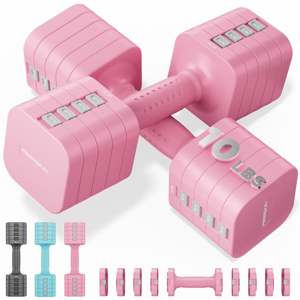 FEIERDUN 5-in-1 Adjustable Dumbbell Set of 2, 20LBS/10LBS Hand Weights for Women, 1s-Adjust Dual-Stable Dumbbell Set for Women Home Gym & Outdoor