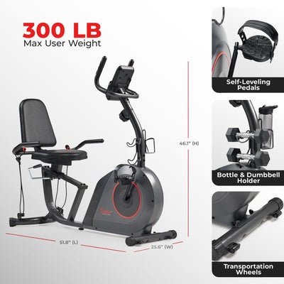 Sunny Health & Fitness Smart Heavy-Duty Recumbent Bike w/Wide Cushioned Seat & Back, Indoor Cycling Machine for Adult/Seniors Home Exercise, Free SunnyFit App Connect, Optional Workout Training Bands