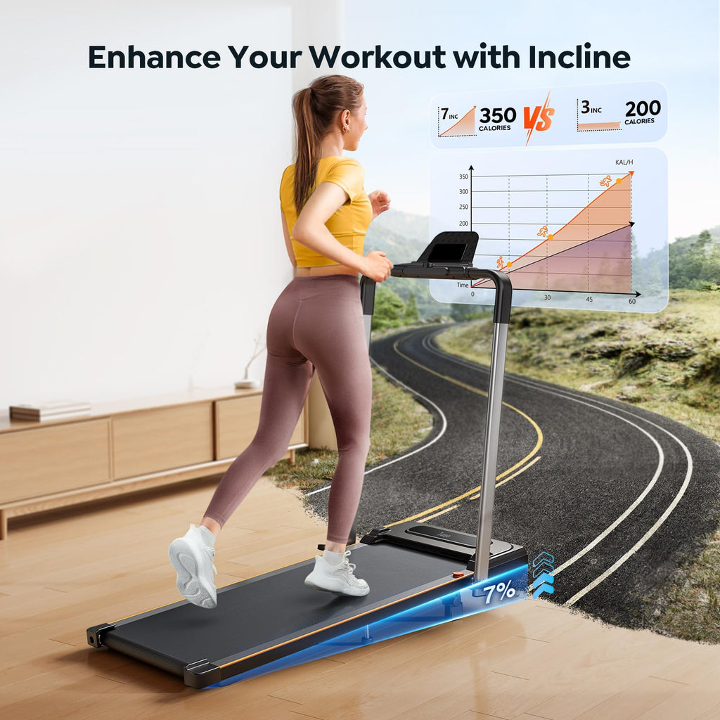 Foldable Treadmill with 7% Incline, 2.5HP Portable Under Desk Walking Pad with 0.6-7.5MPH, Handle, Remote and App Control, 265lbs Maximum Capacity for Home, Office