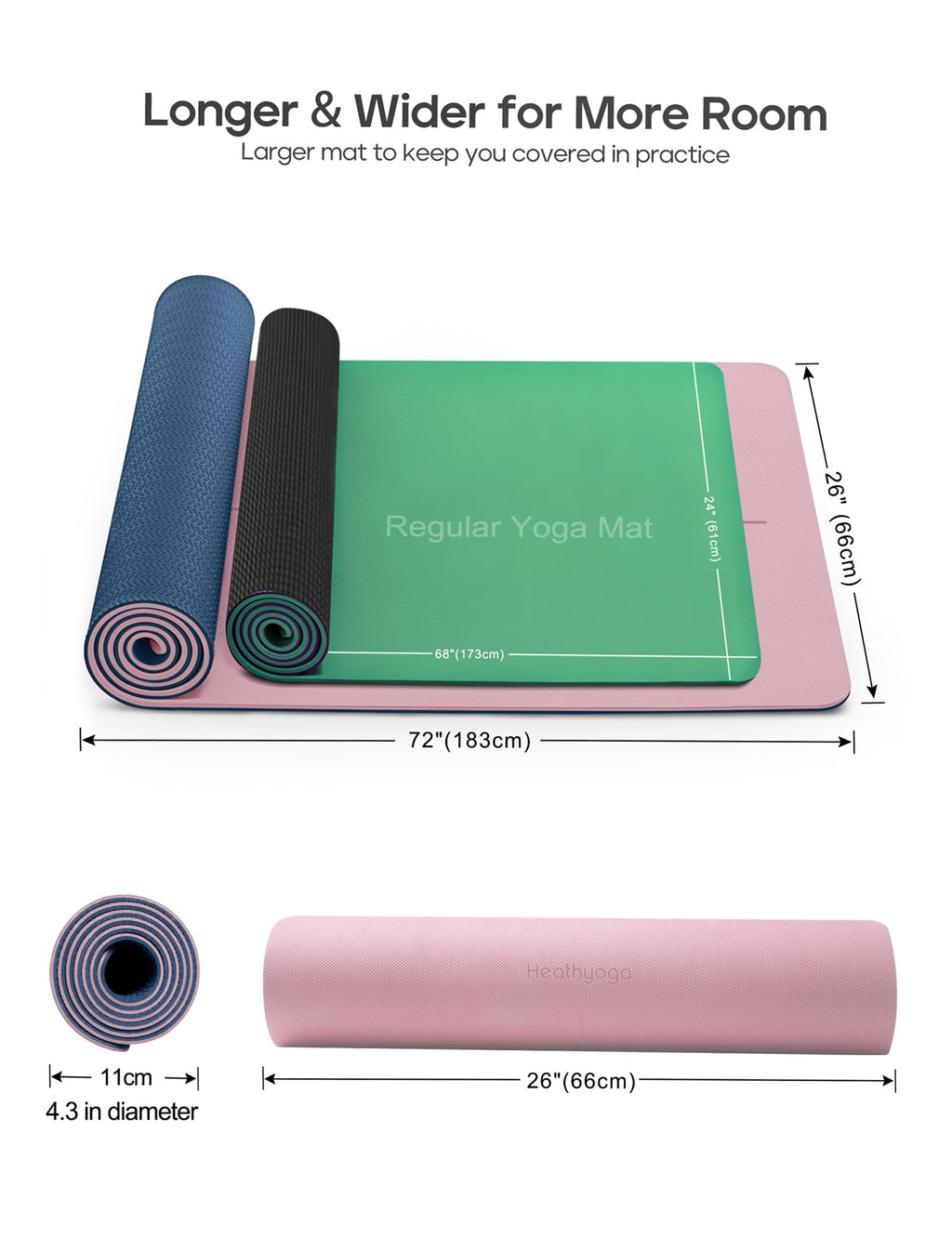 Heathyoga Eco Friendly Non Slip Yoga Mat, Body Alignment System, SGS Certified TPE Material - Textured Non Slip Surface and Optimal Cushioning,72"x 26" Thickness 1/4"